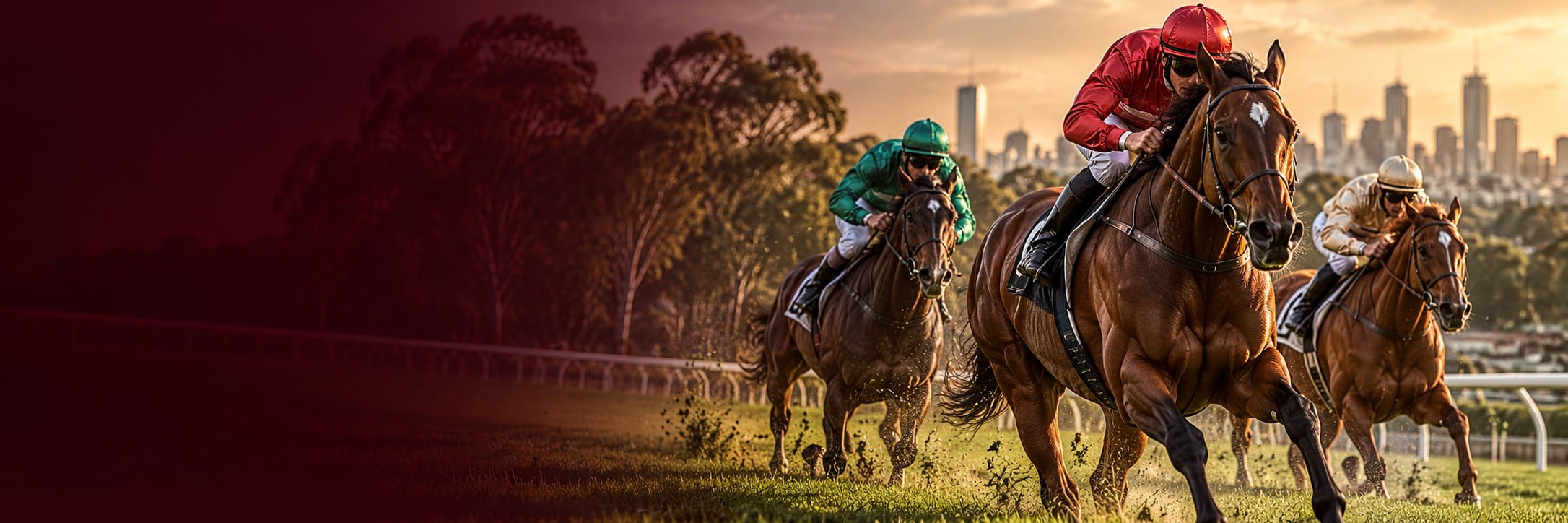 Thoroughbred horses and jockeys racing on Australian turf